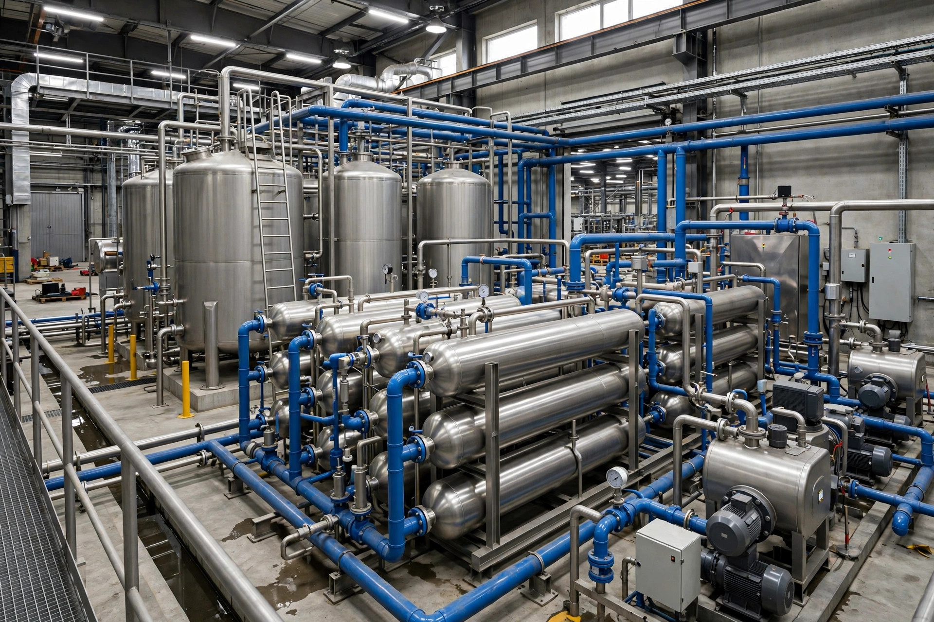 Commercial RO plant maintenance in progress — industrial water treatment plant with membrane vessels in Gujarat