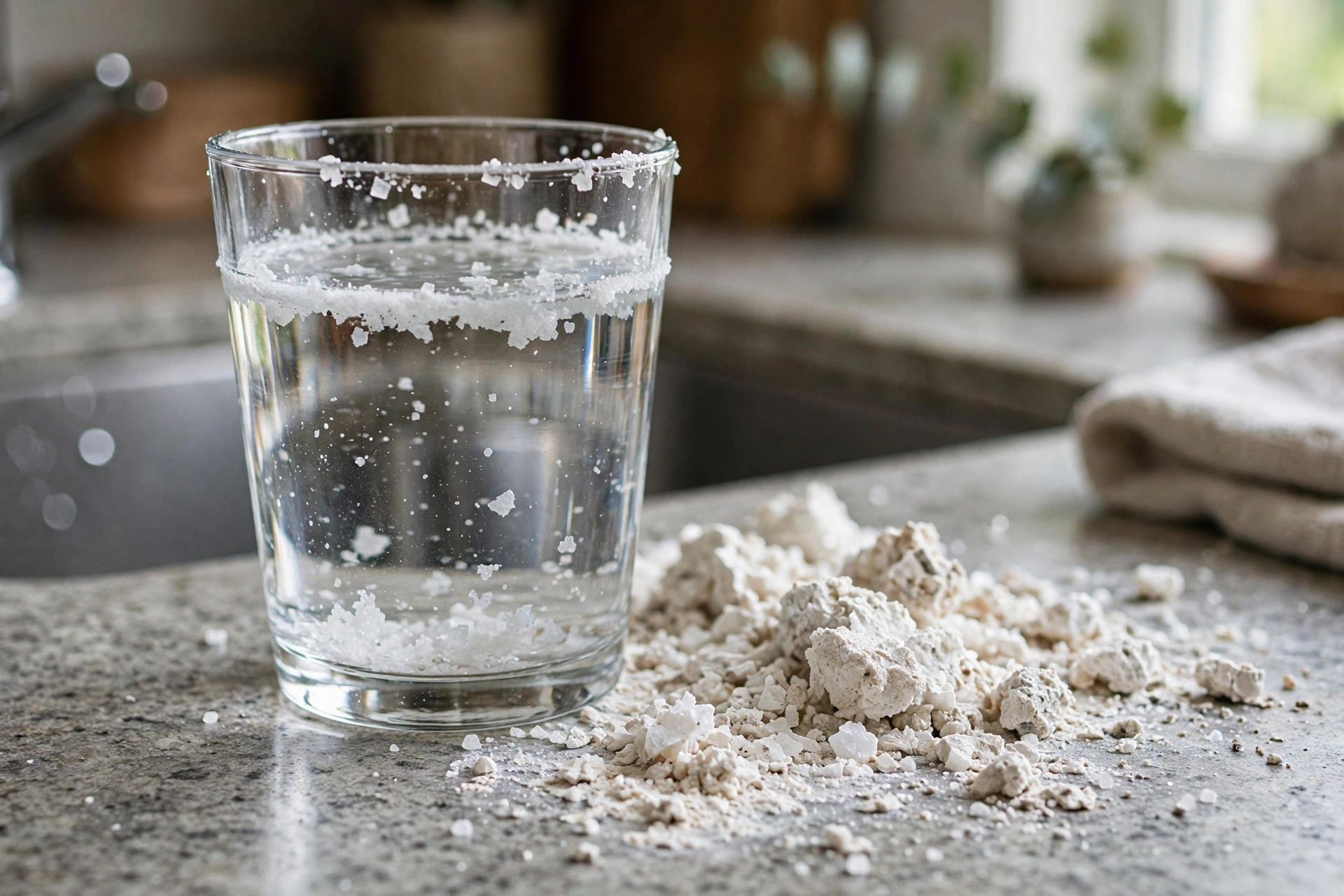 Glass of hard water with mineral deposits — choosing the right RO for hard water in Ahmedabad