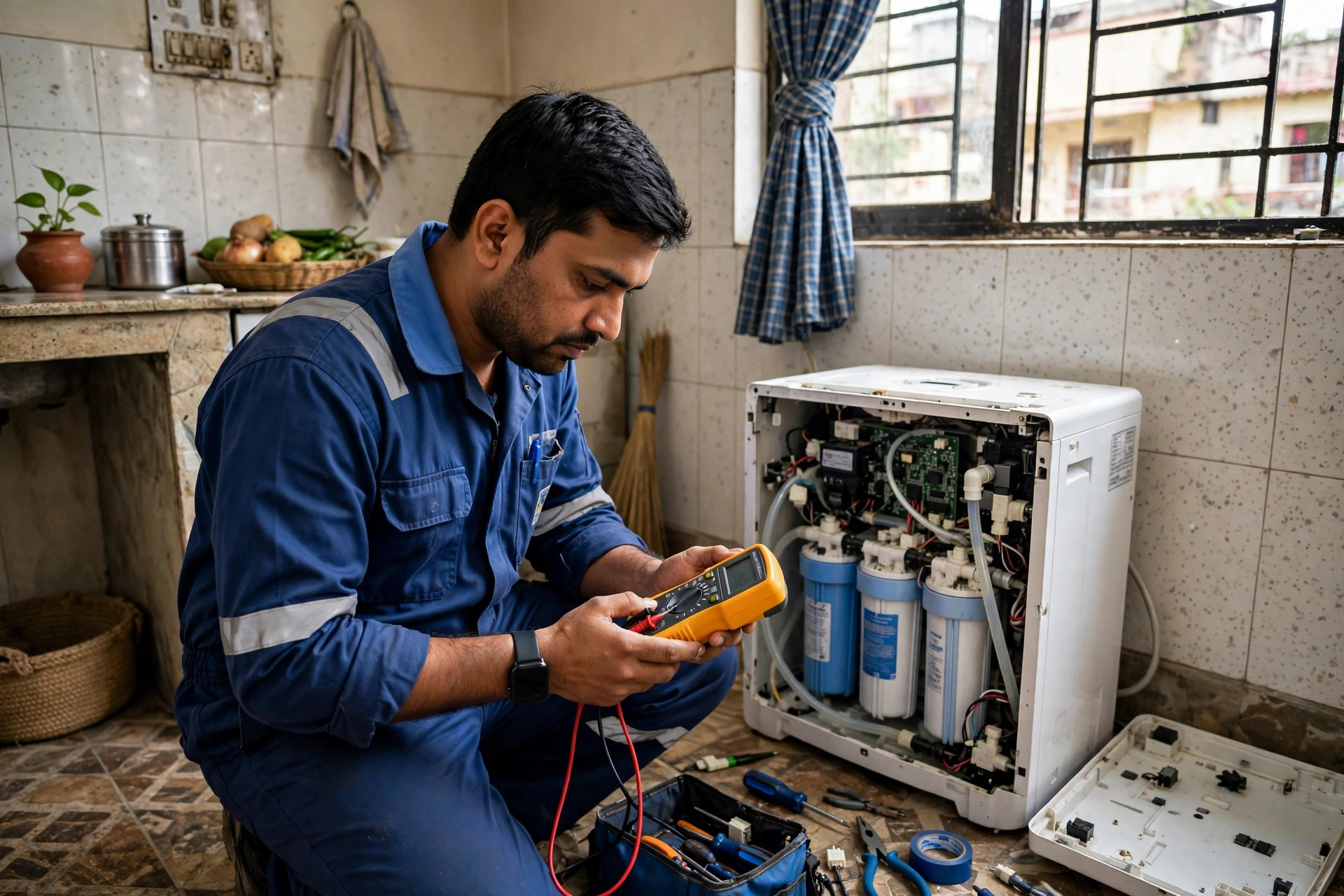 Technician diagnosing a Kent RO water purifier during a home service visit in Ahmedabad