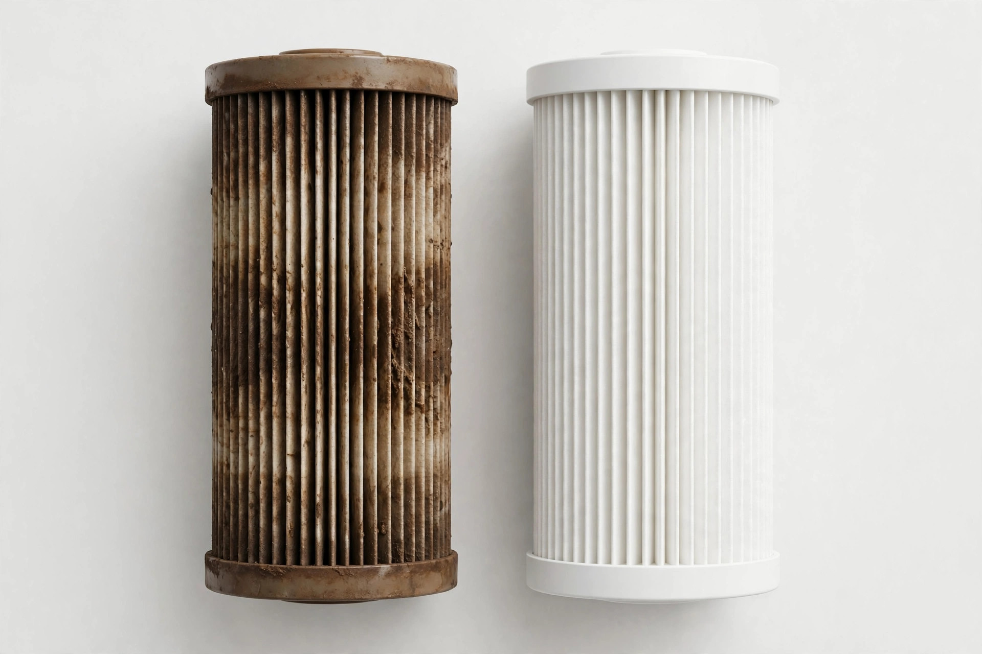 Old dirty sediment filter cartridge next to a clean new Aquaguard replacement filter