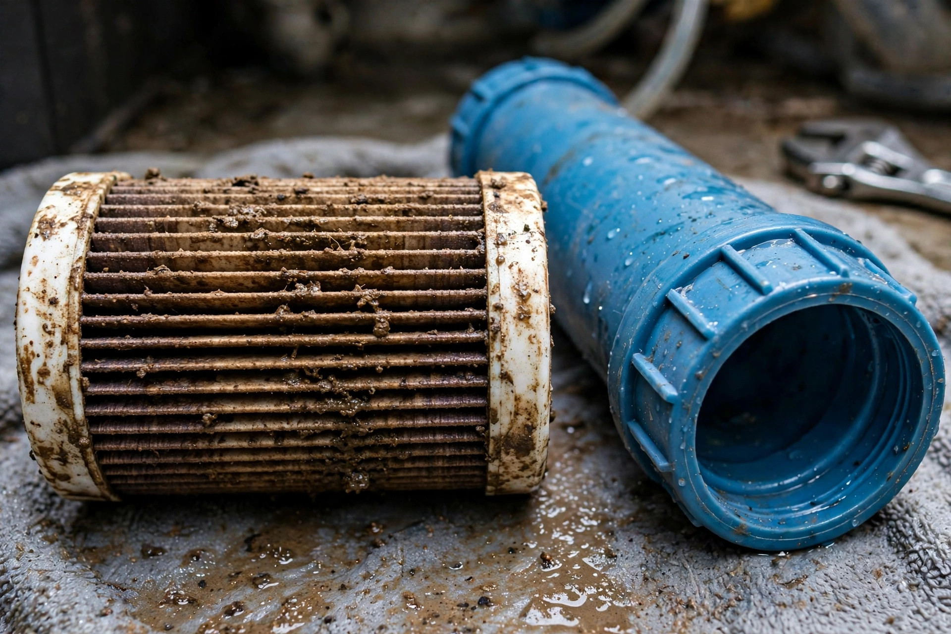 RO membrane replacement signs — fouled filter cartridge and membrane housing removed during an RO service visit in Ahmedabad
