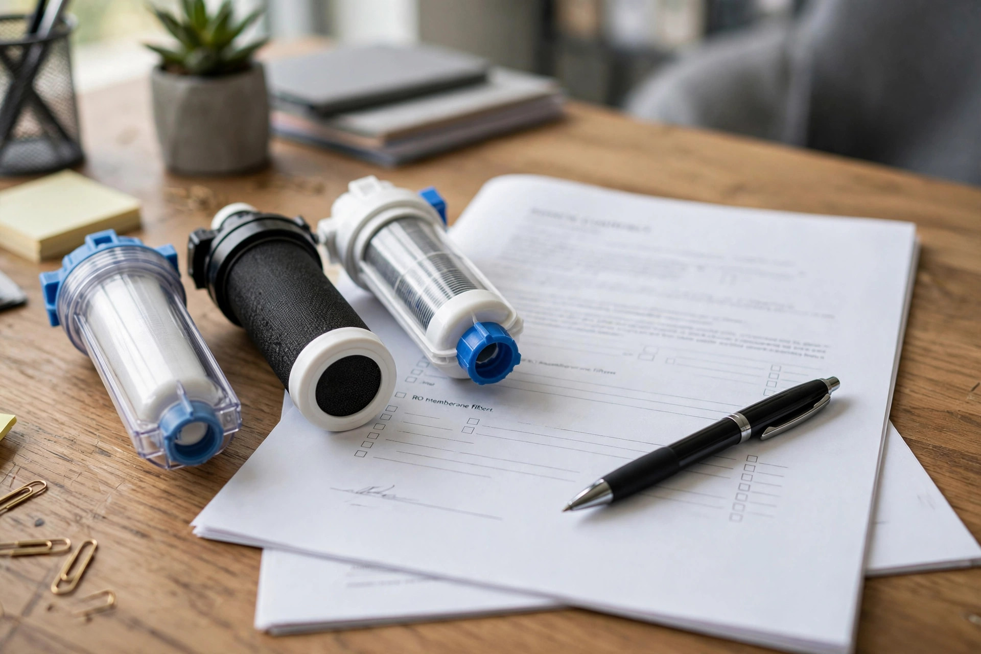 RO AMC plan benefits checklist — service contract papers with RO filter cartridges for Ahmedabad homes
