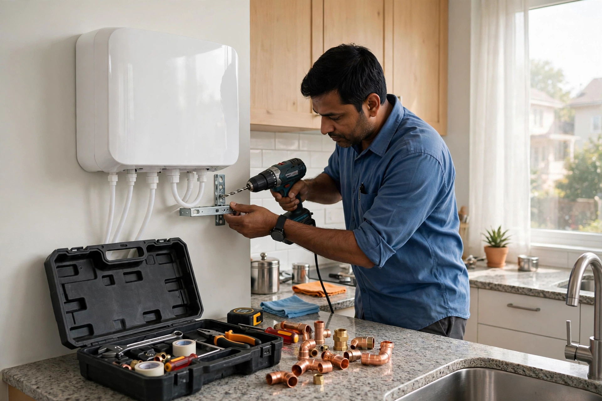 RO installation mistakes — technician fitting a wall-mounted RO purifier with a mounting bracket during professional installation in Ahmedabad