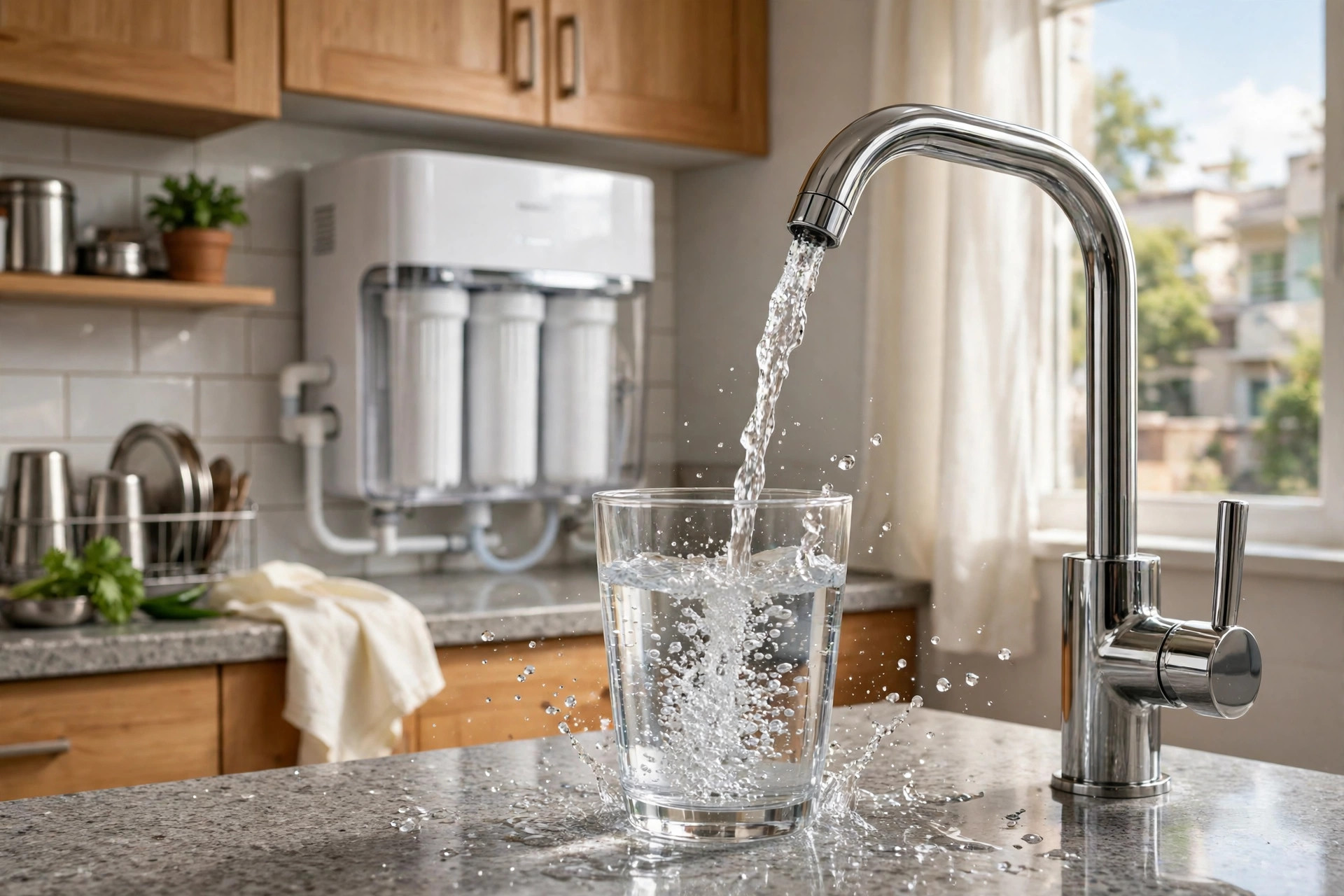 Clean water flowing from an RO tap in Ahmedabad after a same-day RO repair test