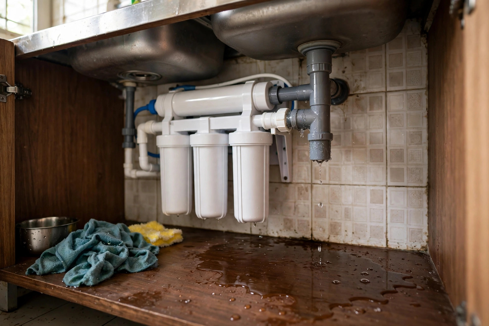 RO leakage repair Ahmedabad — water dripping from an RO unit under a kitchen sink