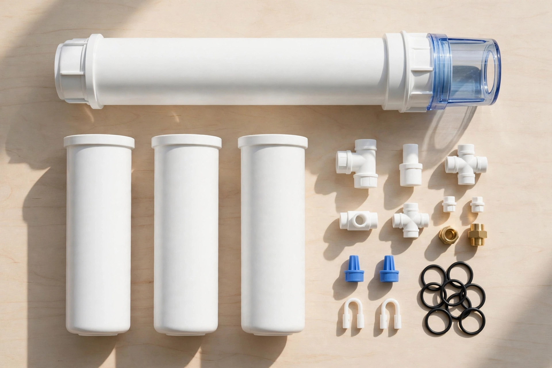 RO spare parts Ahmedabad — new RO membrane and filter cartridges laid out for a repair visit