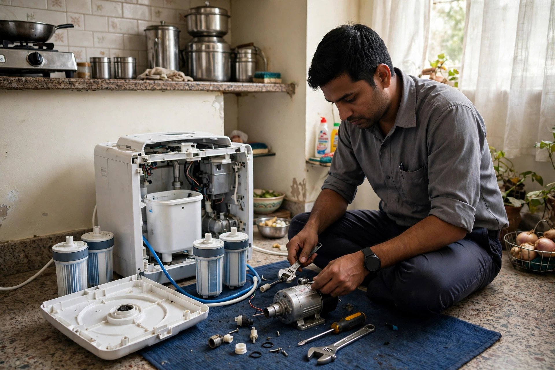 RO pump repair Ahmedabad — technician repairing an RO booster pump motor with tools at home