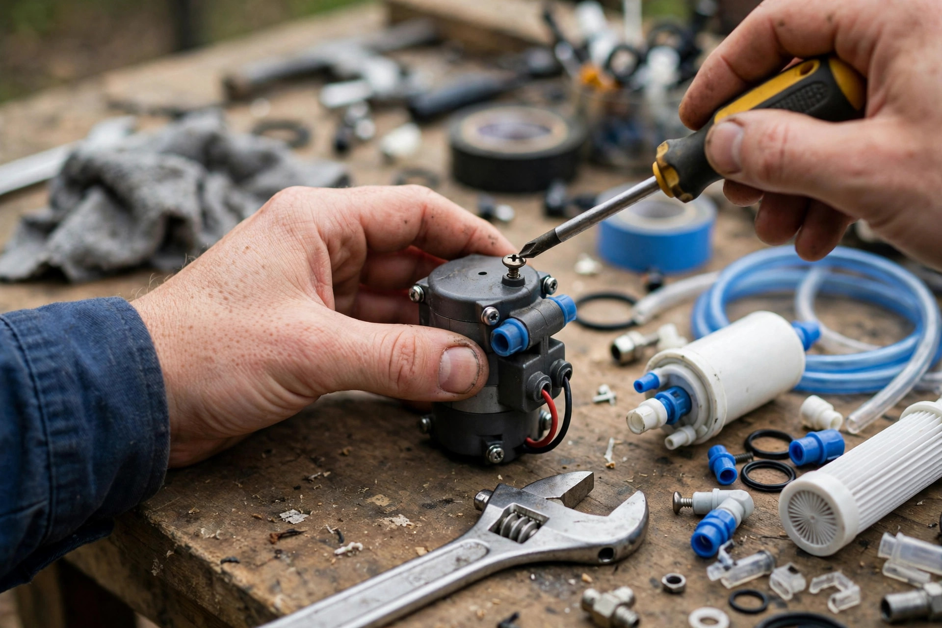 Close-up of an RO booster pump being repaired during RO repair in Gandhinagar