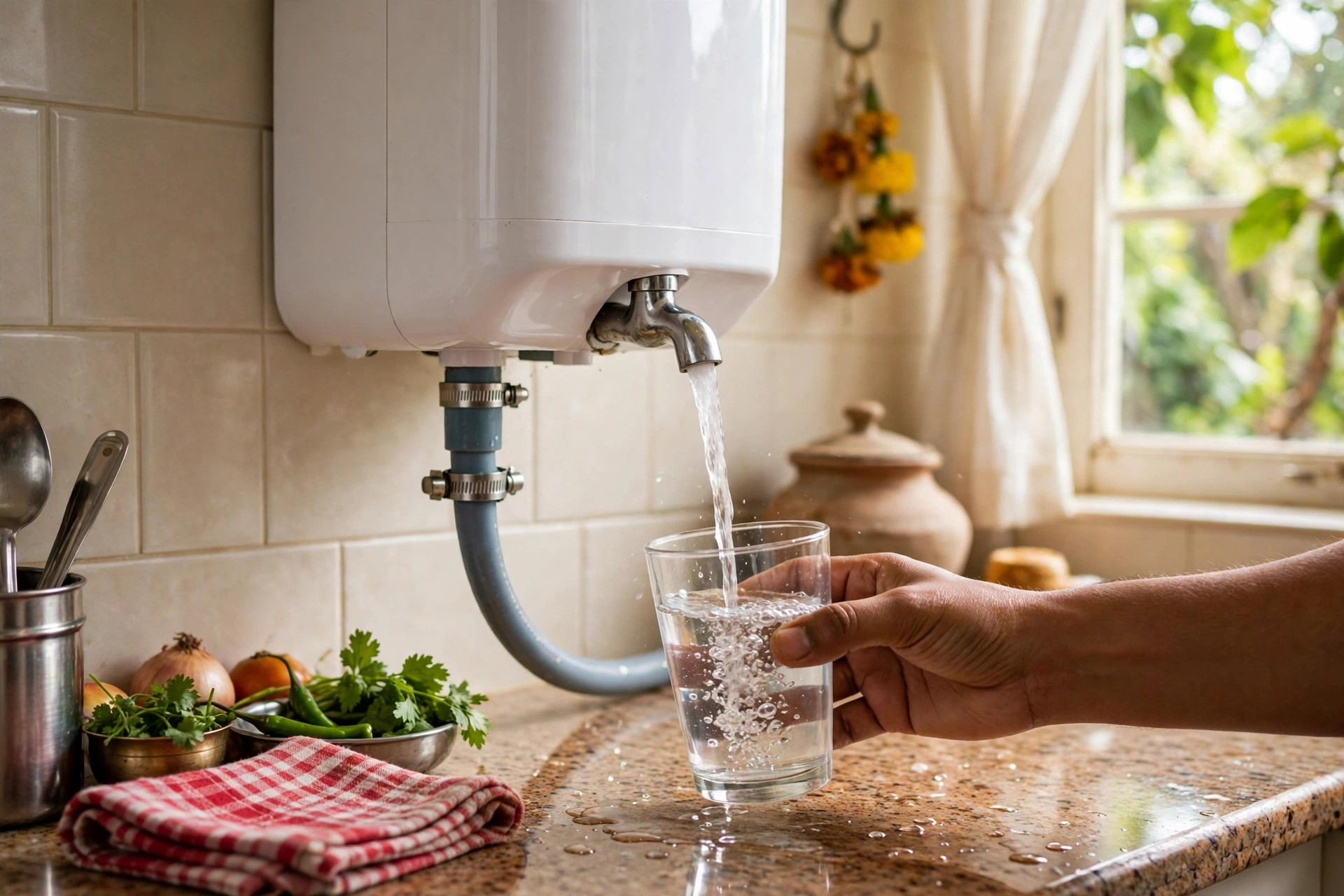 Repaired RO purifier dispensing clean water into a glass after RO repair in Gandhinagar