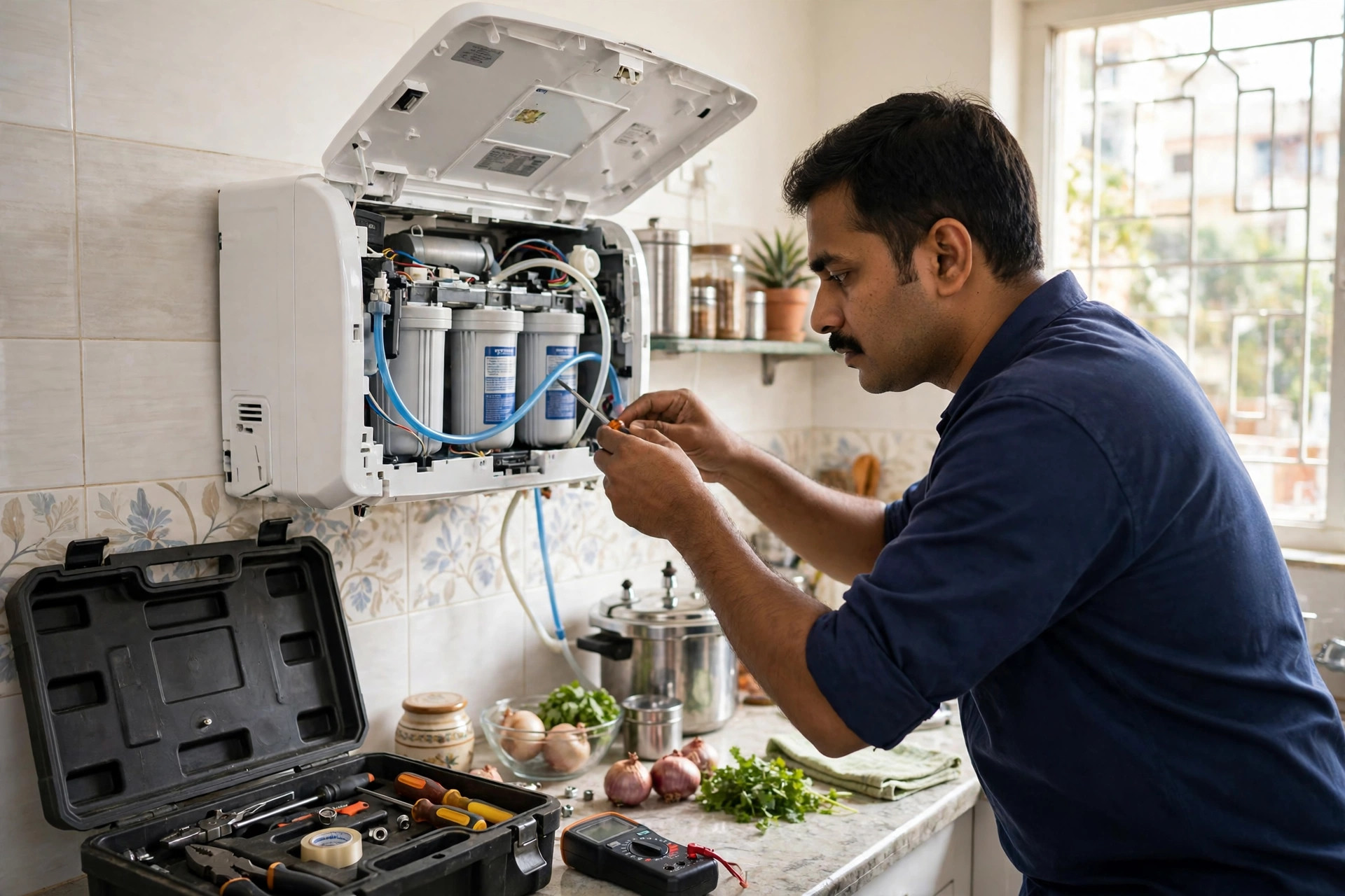 Technician diagnosing a faulty RO purifier with tools during an RO repair visit in Gandhinagar
