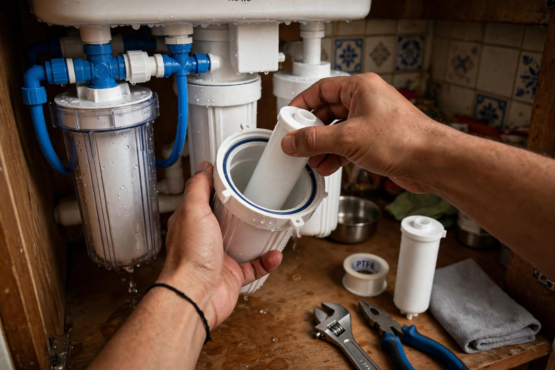 RO repair charges in Ahmedabad — technician replacing RO filter cartridge during repair visit