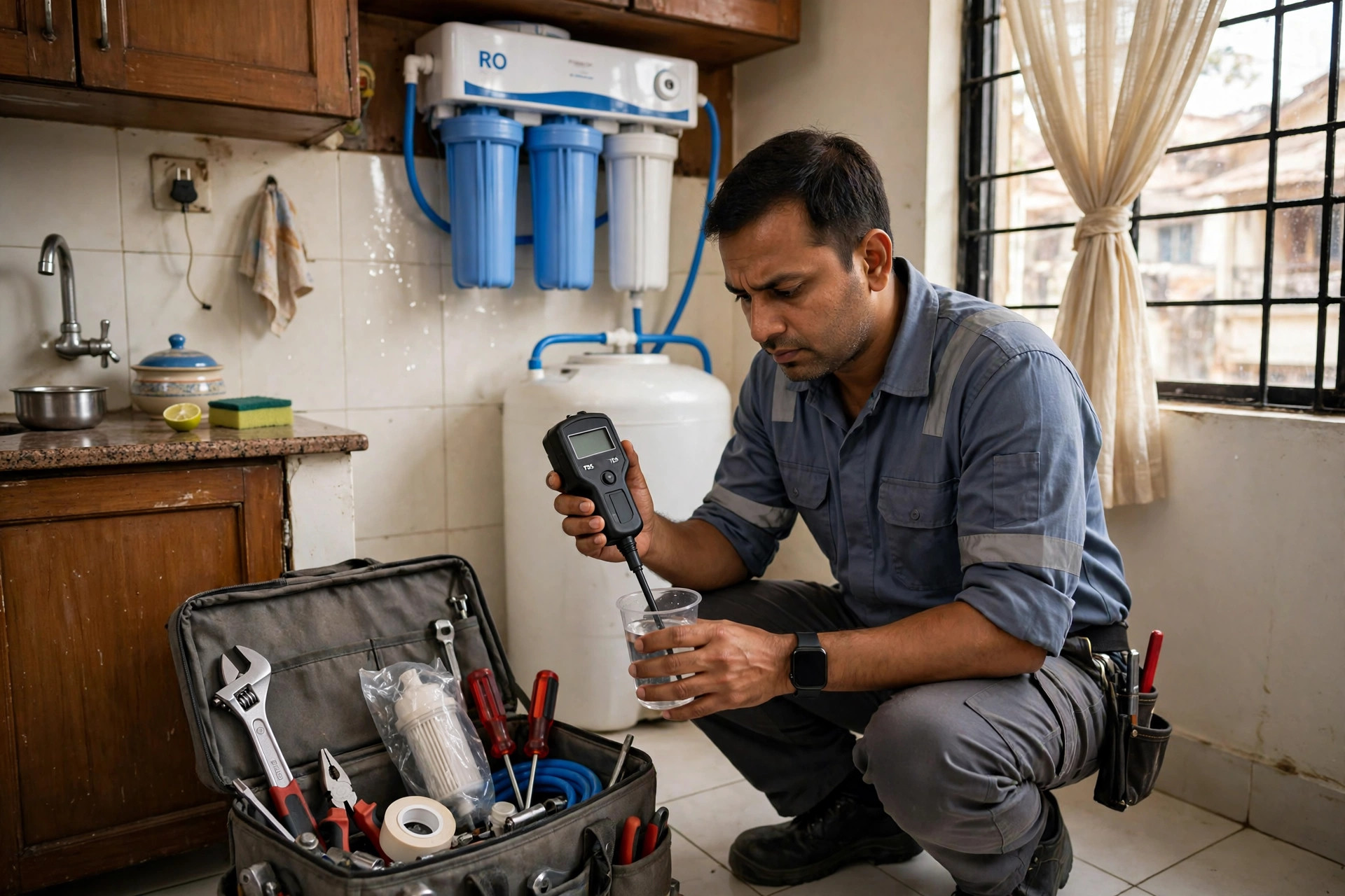 RO repair near me repair or replace decision — technician diagnosing RO purifier with TDS meter