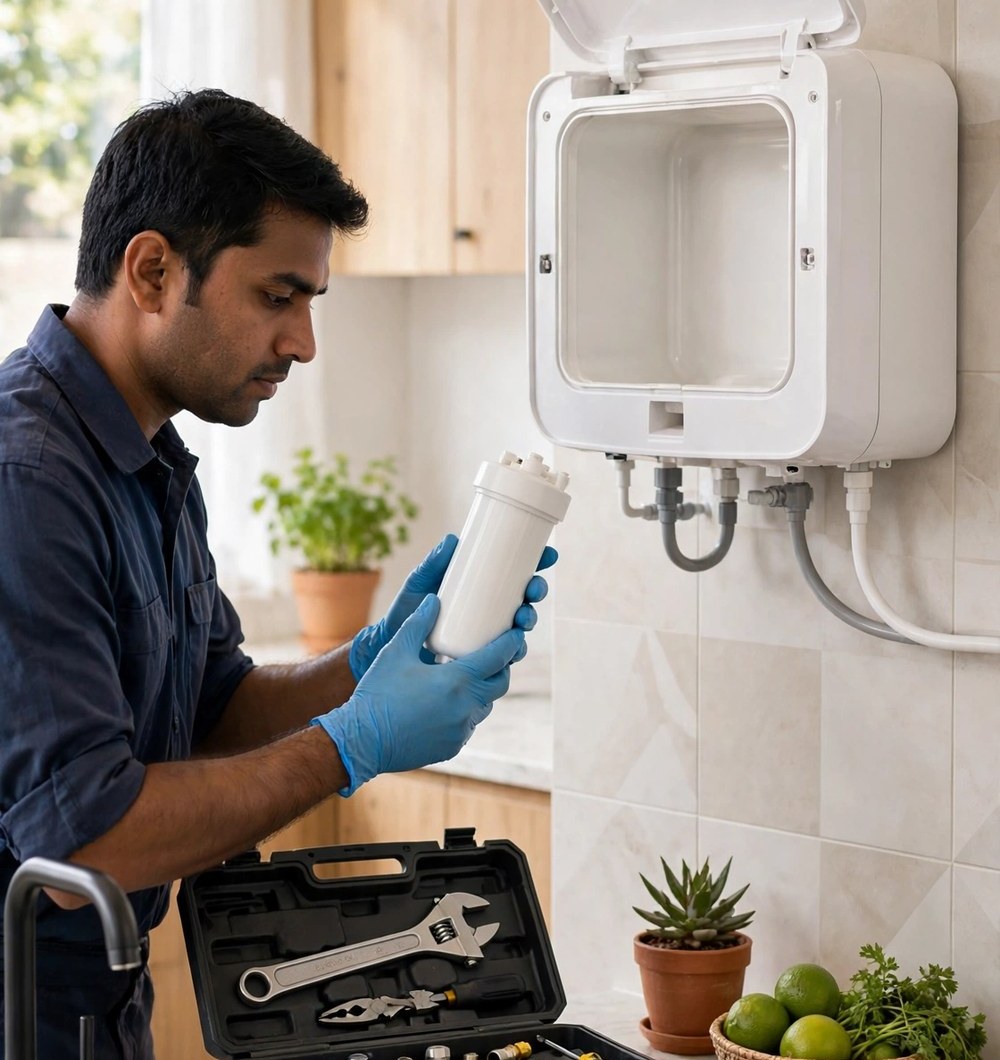 Technician carrying out ro repair ahmedabad service on a home water purifier in Ahmedabad