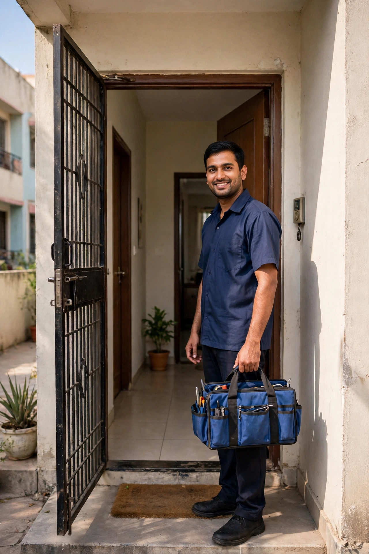 RO service Ahmedabad — technician arriving at a customer's doorstep with a service kit