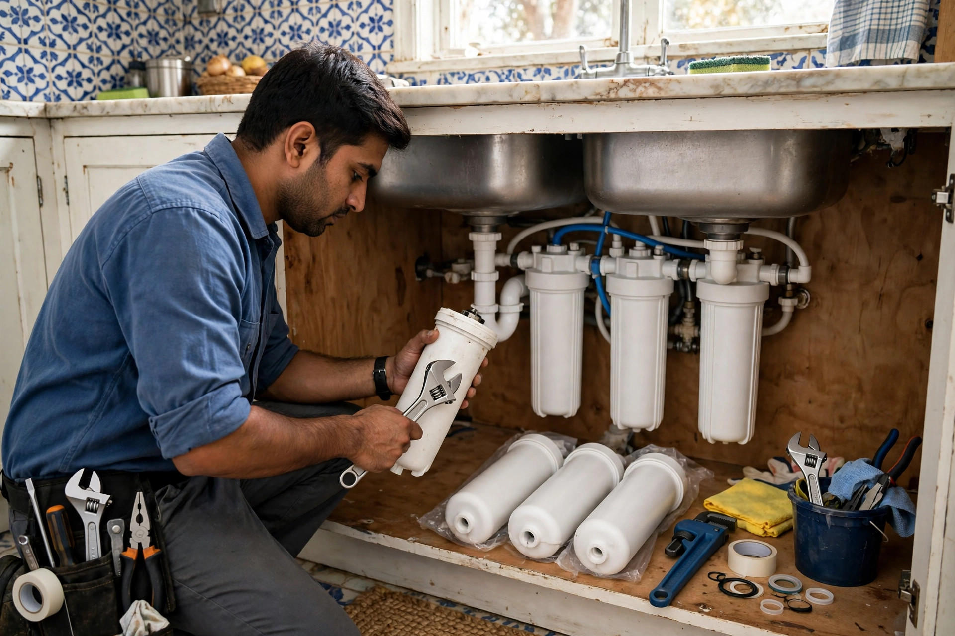 Technician replacing RO filter cartridges under a kitchen sink in Ahmedabad