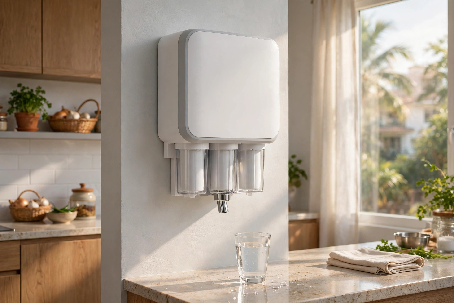 Serviced modern RO purifier in a bright kitchen after RO service Ahmedabad