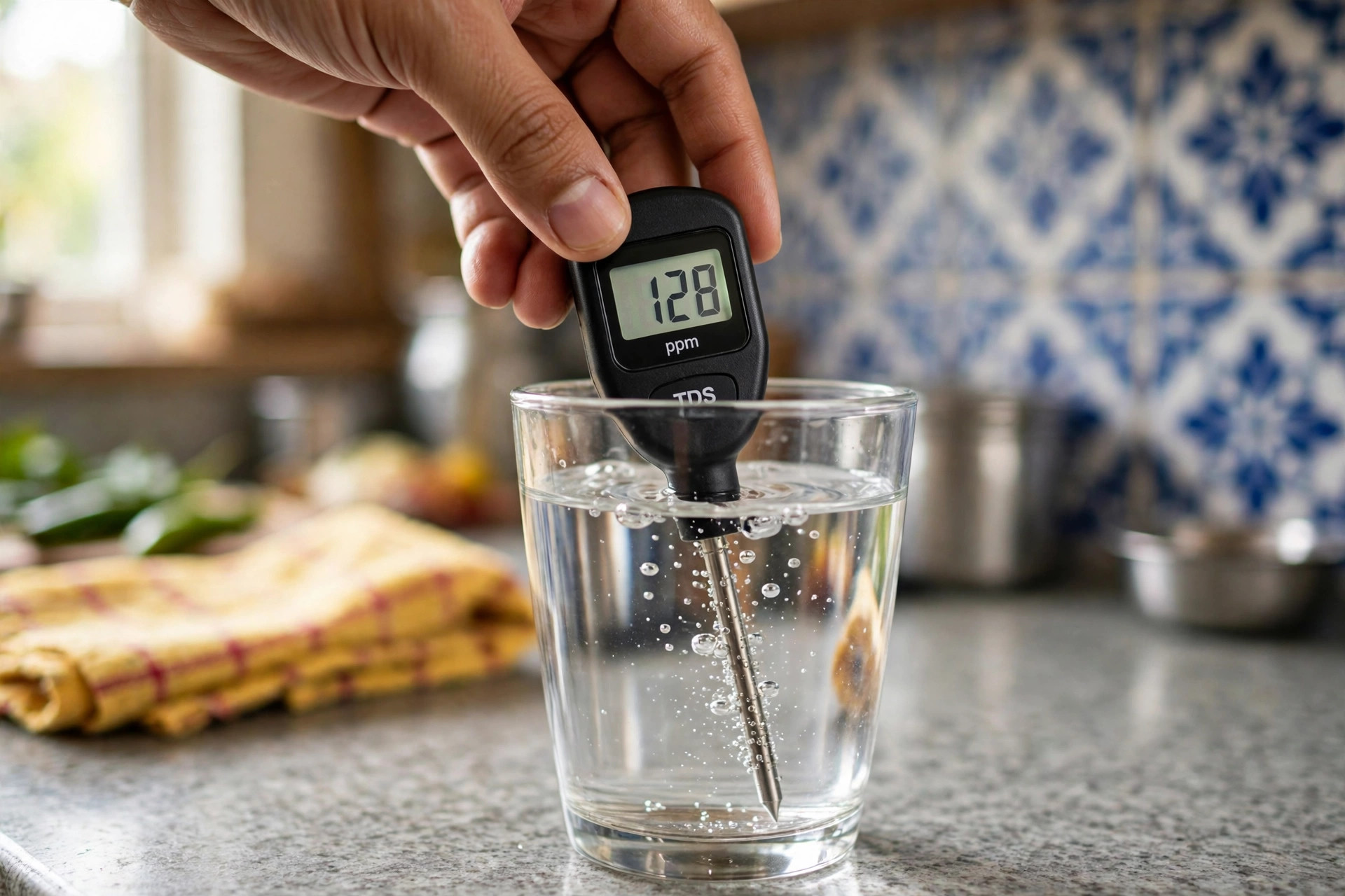 TDS meter testing a glass of drinking water during RO service Ahmedabad