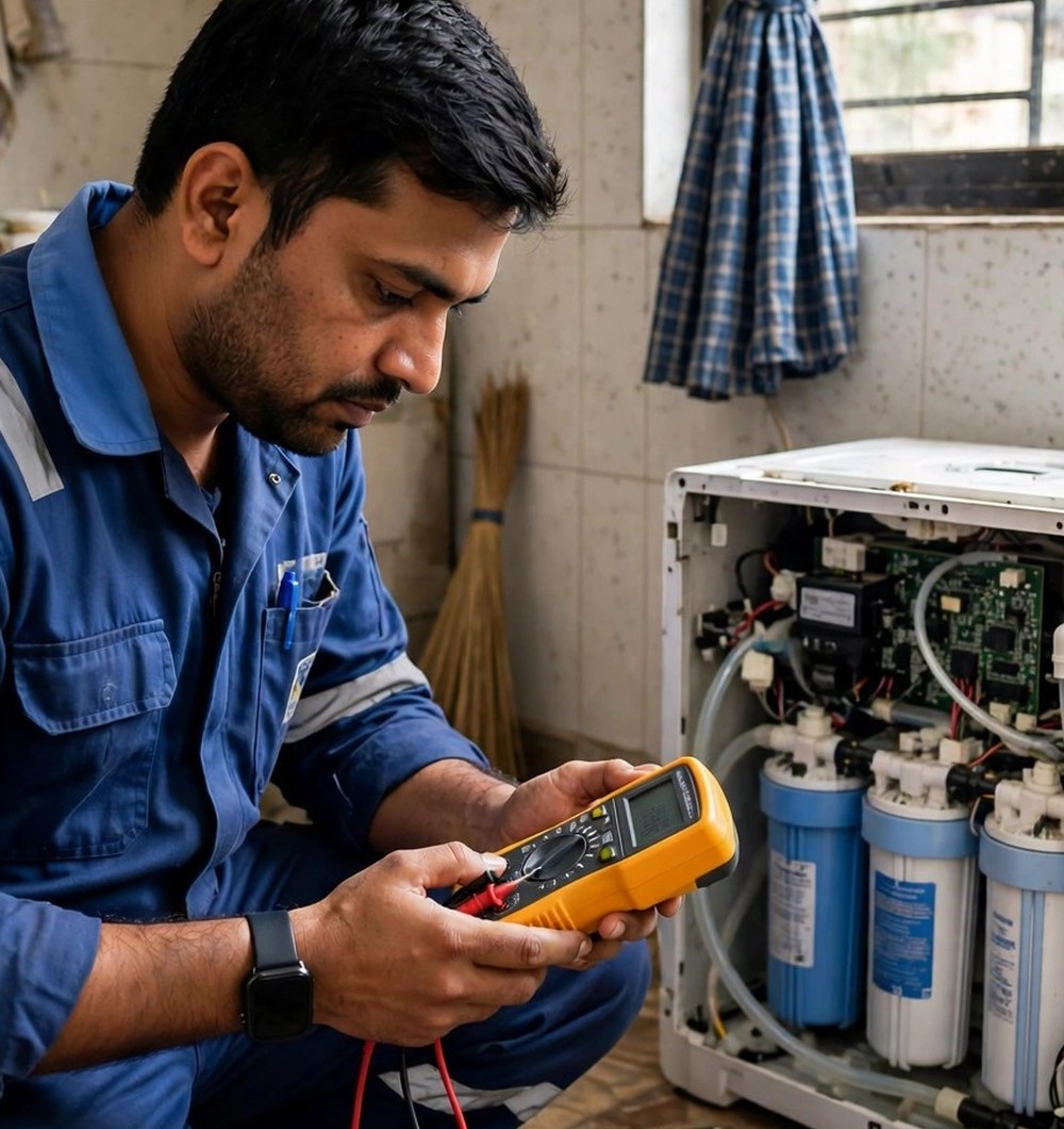 RO AMC service near me in Ahmedabad — checking an itemised service bill and warranty before payment