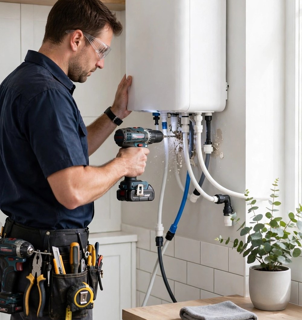 RO installation service near me in Ahmedabad — technician testing a newly installed water purifier before final payment