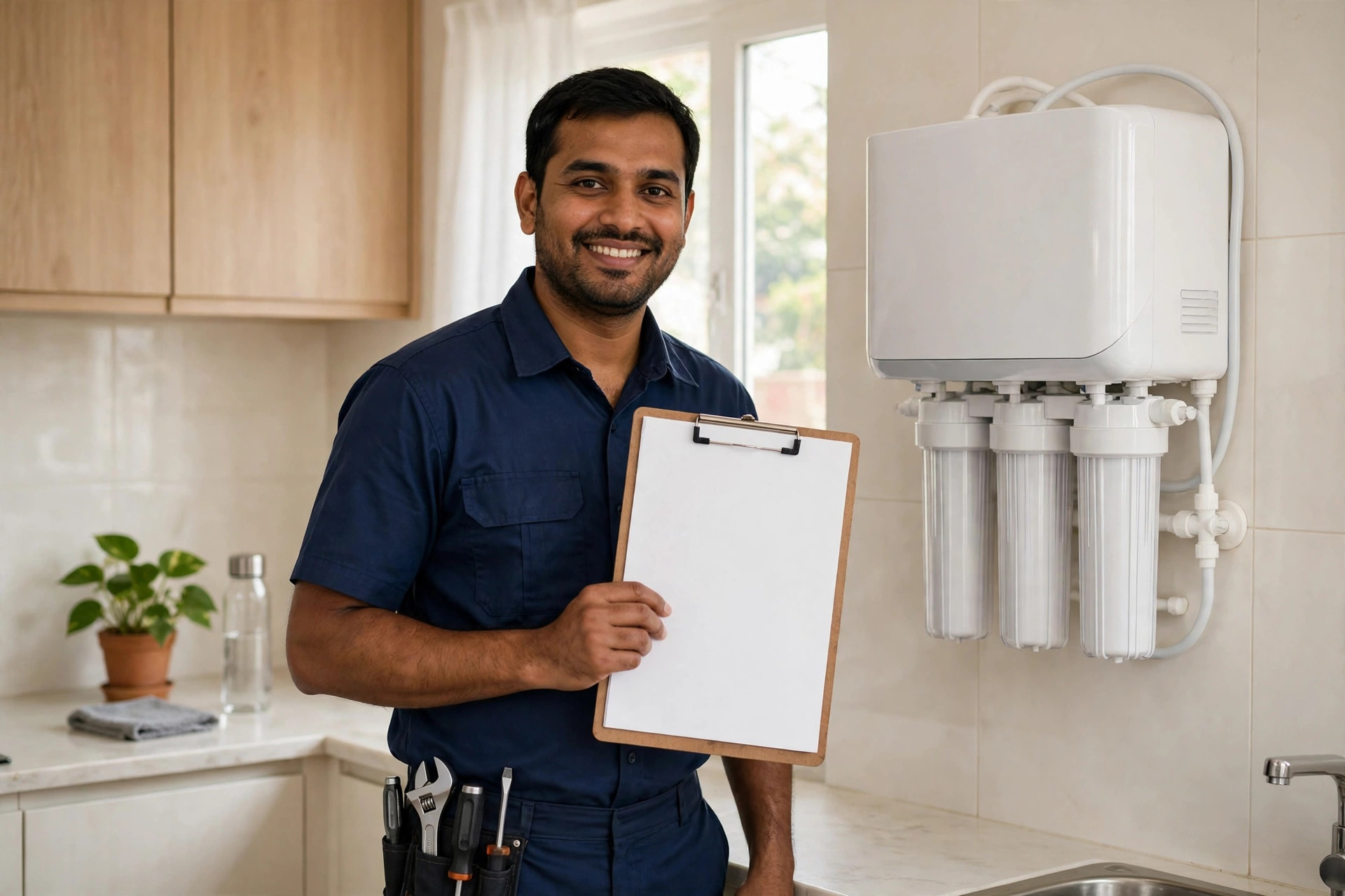 RO technician holding an AMC service checklist beside an RO purifier in Gandhinagar