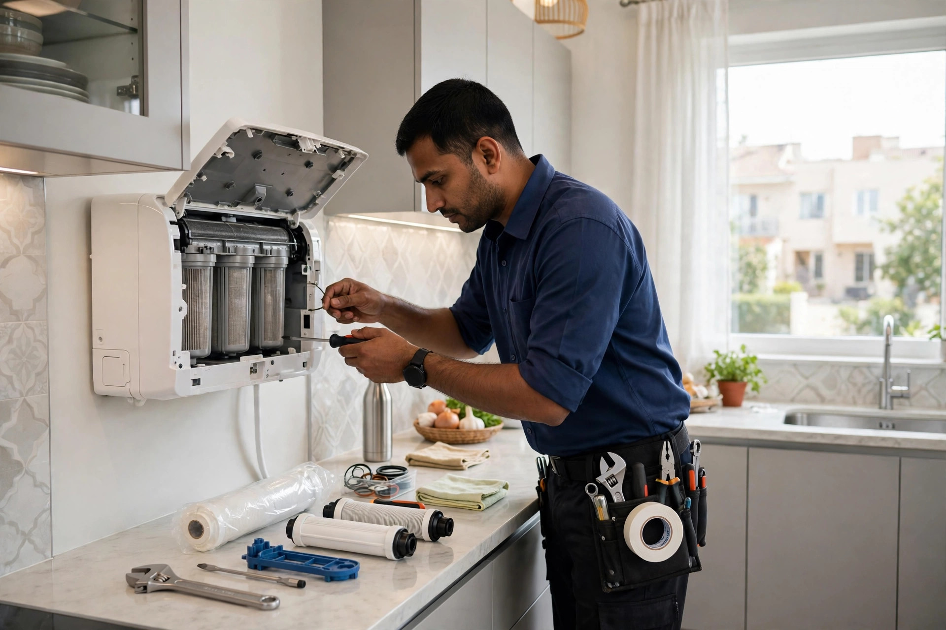 RO technician doing doorstep RO service in a Gandhinagar home