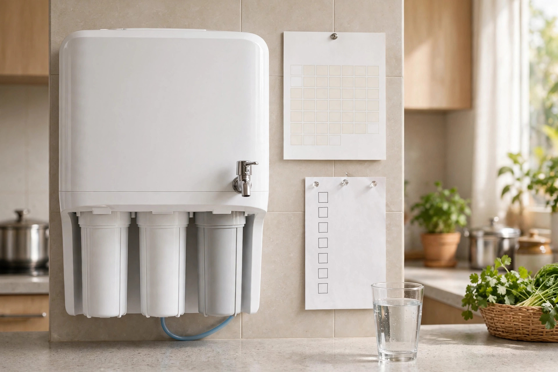 RO service in Ahmedabad maintenance calendar — RO purifier in kitchen with maintenance checklist