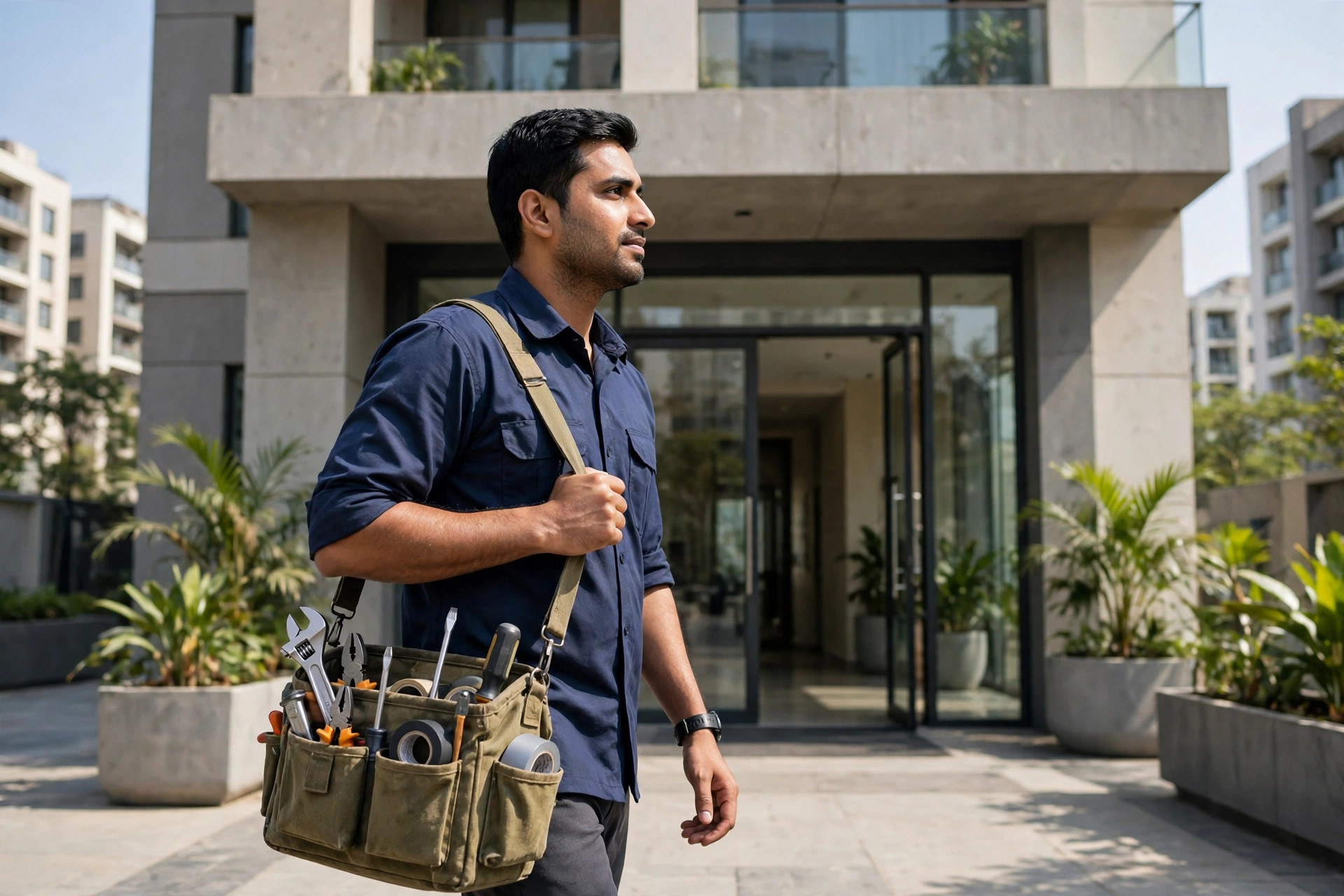 RO service near me Ahmedabad — technician with a tool bag arriving at an apartment building for a doorstep visit