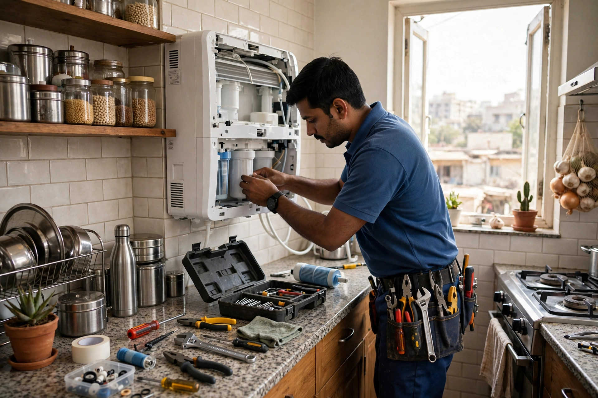 Same-day RO service Ahmedabad — technician servicing an RO purifier inside a customer's home kitchen
