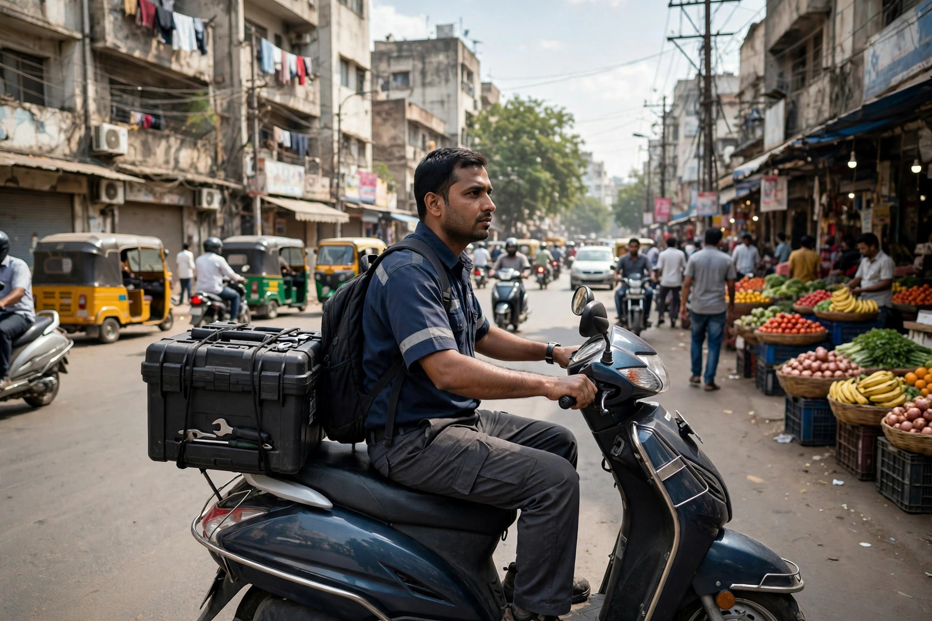 RO service near me Ahmedabad — technician riding a scooter with a tool kit through an Ahmedabad street