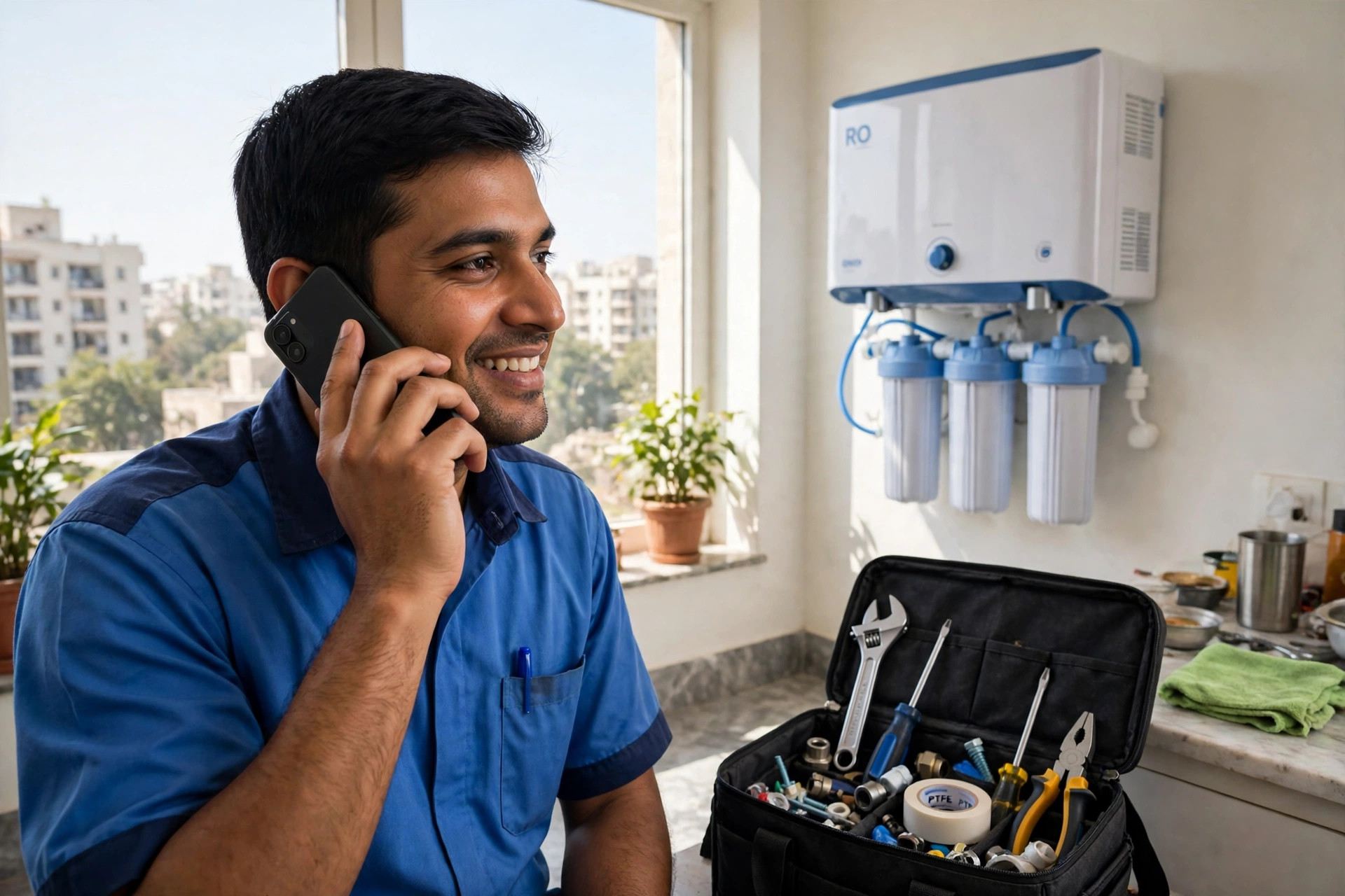 RO service near me booking guide Ahmedabad — technician booking RO service on phone at home