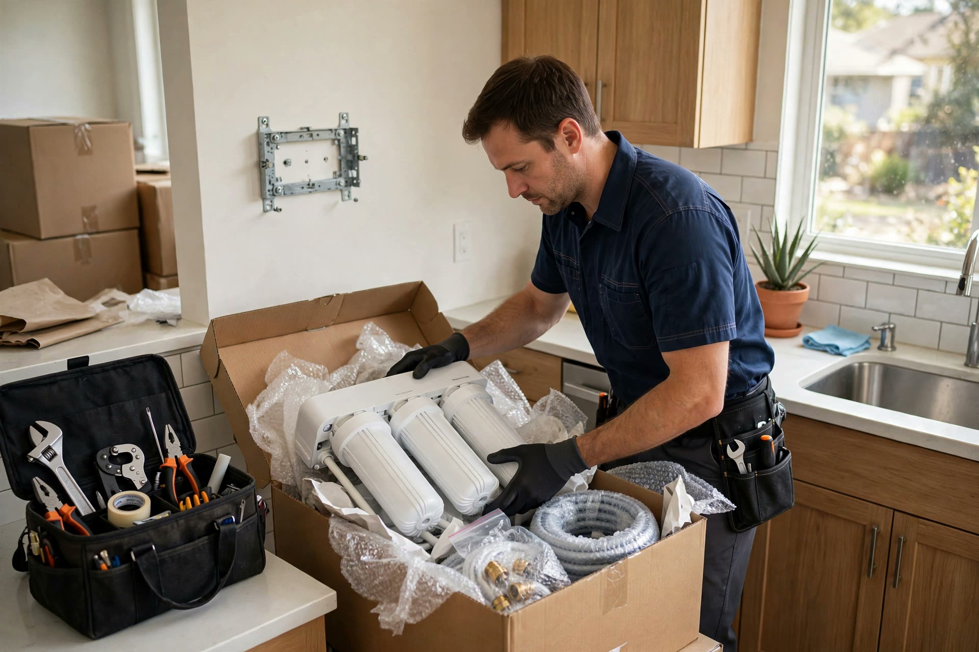 RO shifting uninstallation — technician safely packing a wall-mounted RO water purifier into a moving box during a house move in Ahmedabad