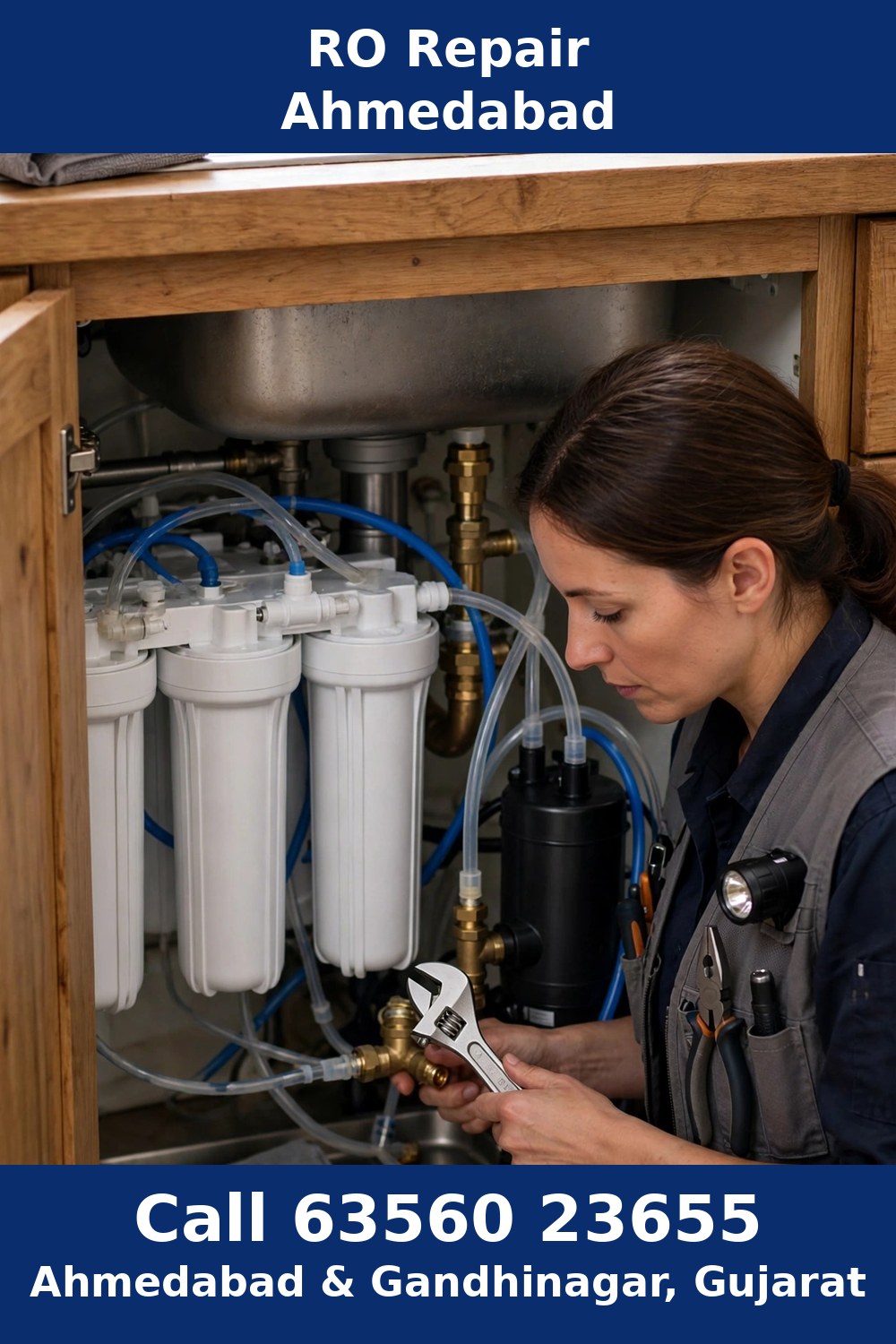 RO repair Ahmedabad — technician repairing a home RO water purifier in Ahmedabad