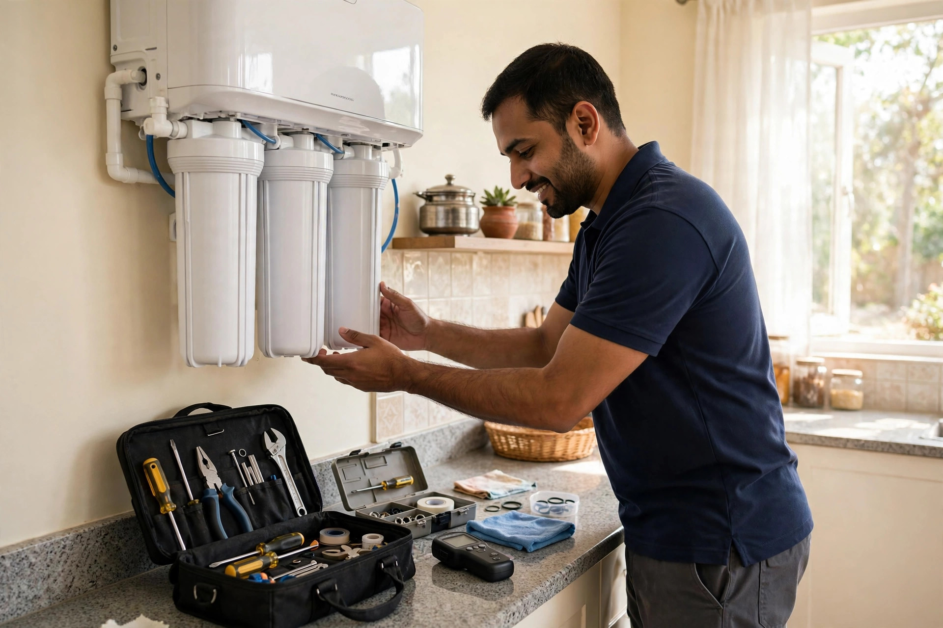 Technician on an AMC service visit checking a wall-mounted RO purifier in Gandhinagar