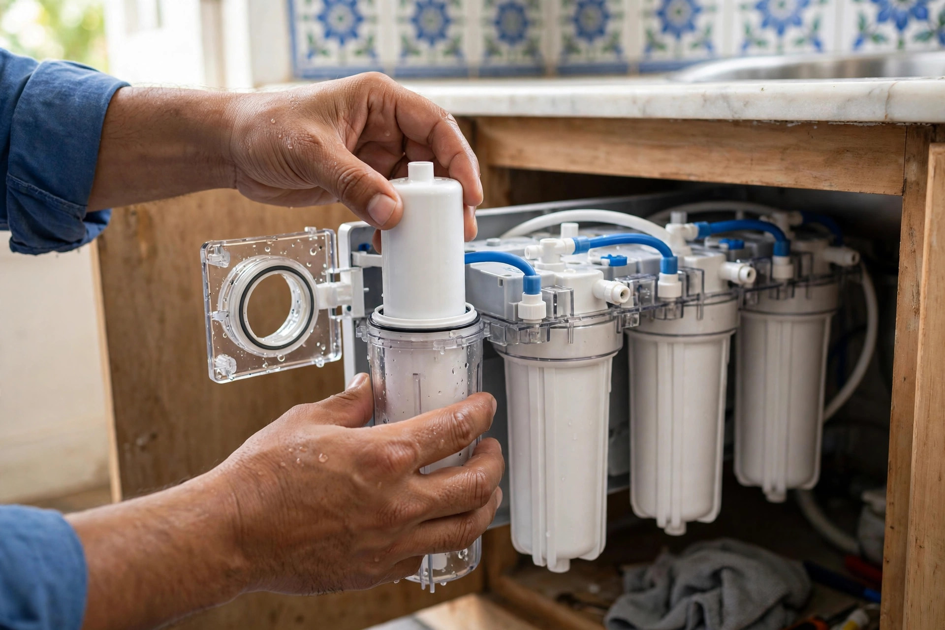 Technician replacing RO filter cartridges in an under-sink purifier in Ahmedabad