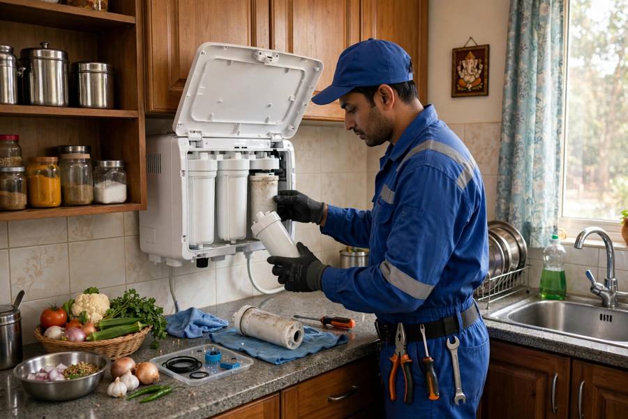 Technician explaining RO service charges during a home visit in Ahmedabad